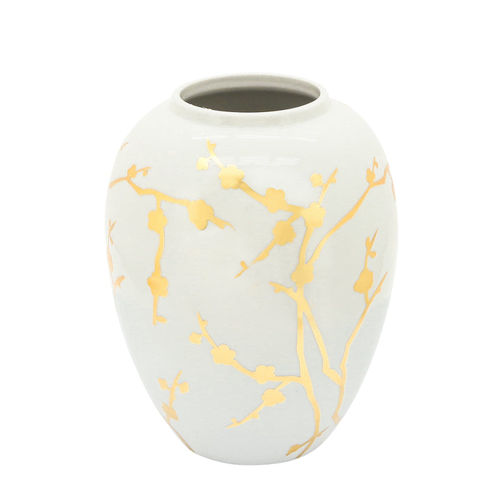 Cer 10"H, Vase W/ Gold Decal, White