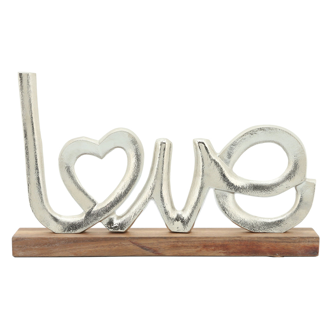 Metal, 16" Love On Wood Base, Silver