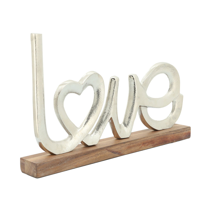 Metal, 16" Love On Wood Base, Silver