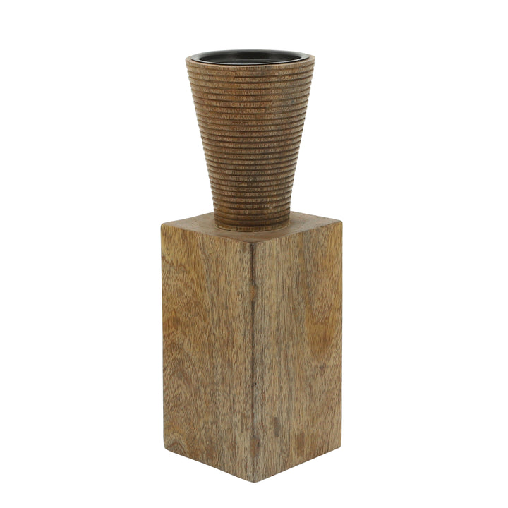 Wood, 11"H, Geometric Candle Holder, Brown