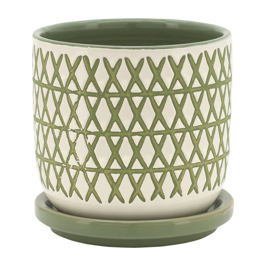 CER, 5" X-PLANTER W/ SAUCER, OLIVE