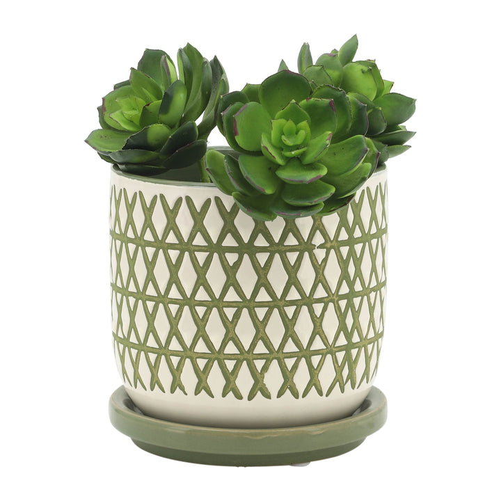 CER, 5" X-PLANTER W/ SAUCER, OLIVE