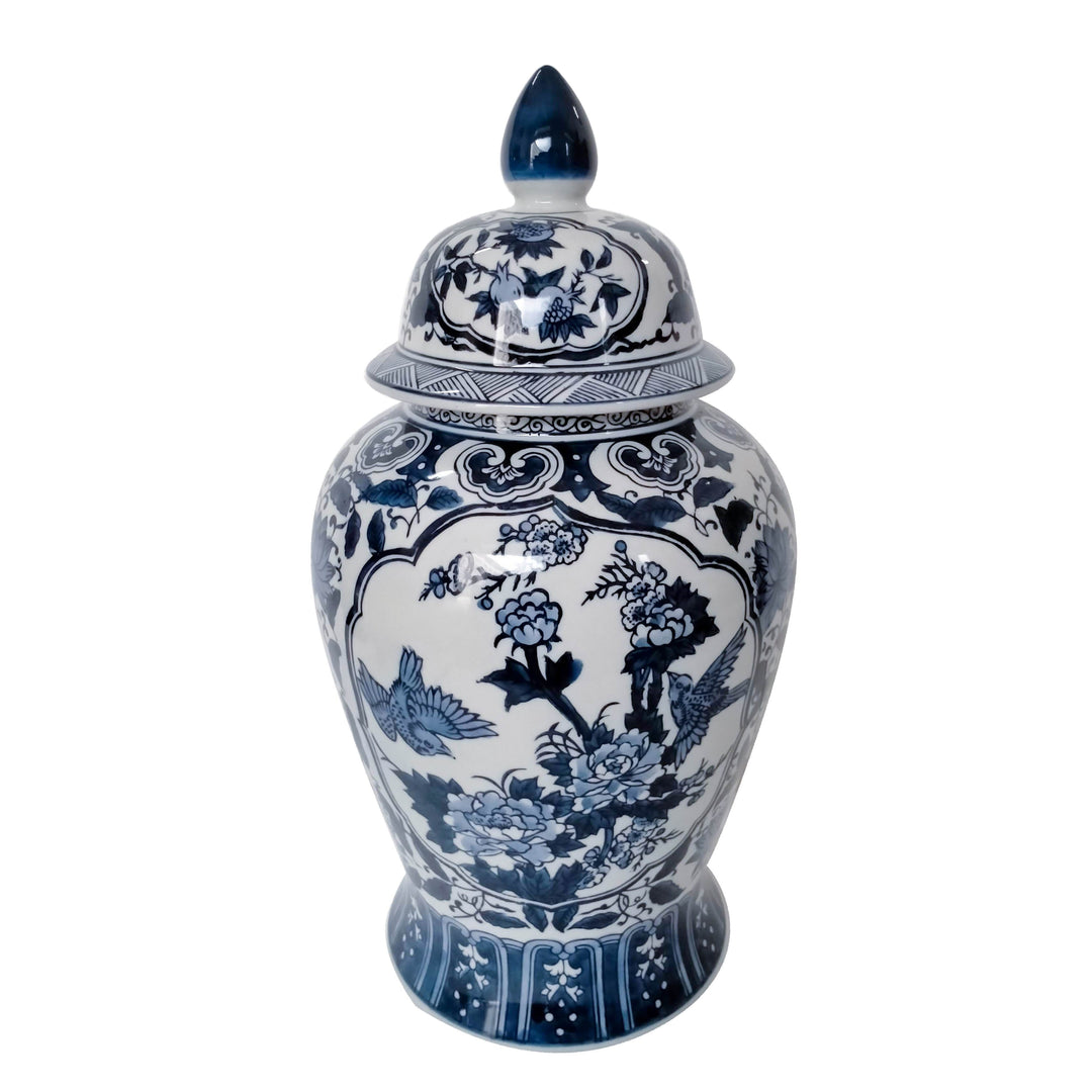 CER, 15"H BLOSSOMS TEMPLE JAR, BLUE