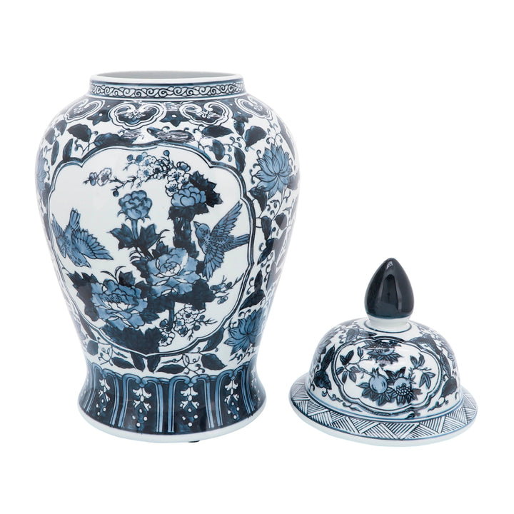 CER, 15"H BLOSSOMS TEMPLE JAR, BLUE