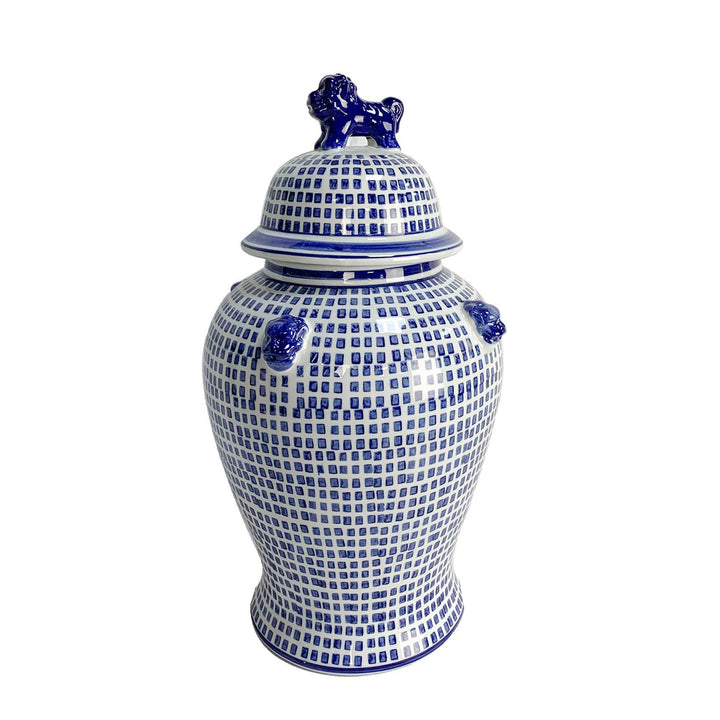 CER, 18"H MOSAIC TEMPLE JAR, BLUE