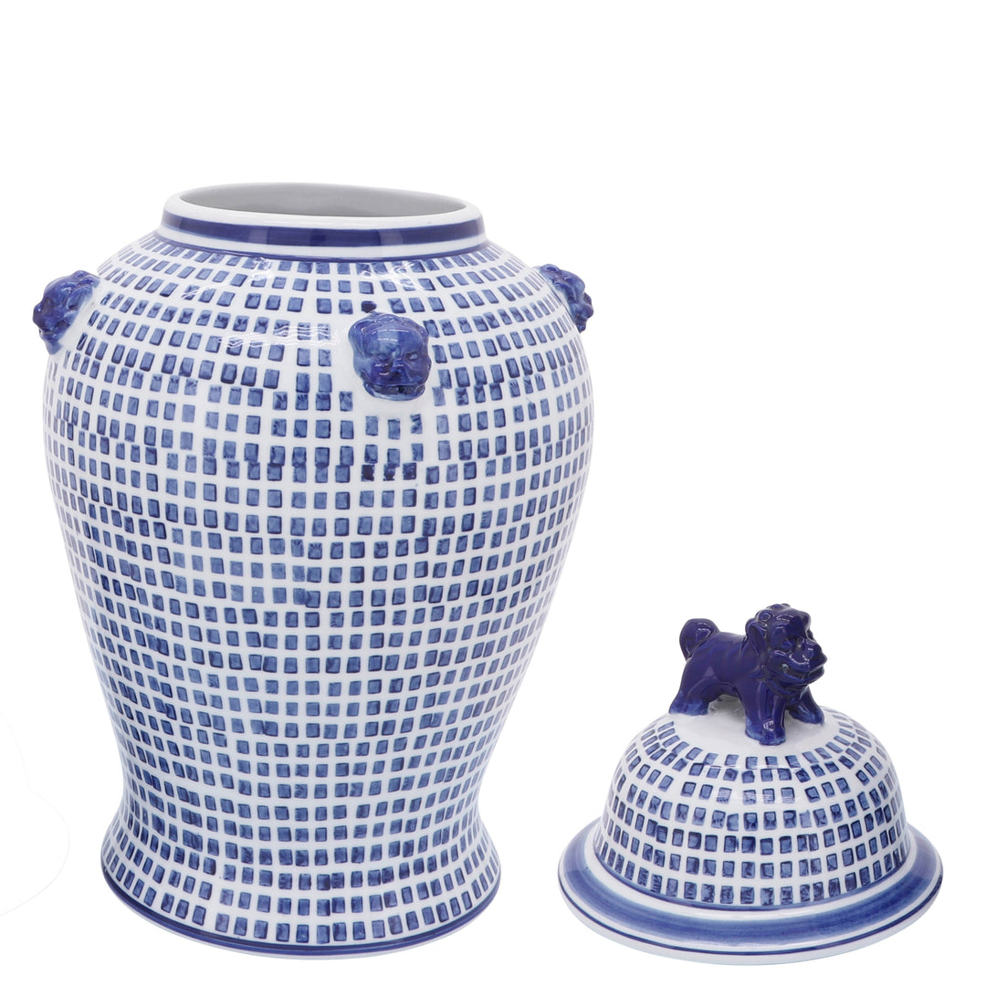 CER, 18"H MOSAIC TEMPLE JAR, BLUE