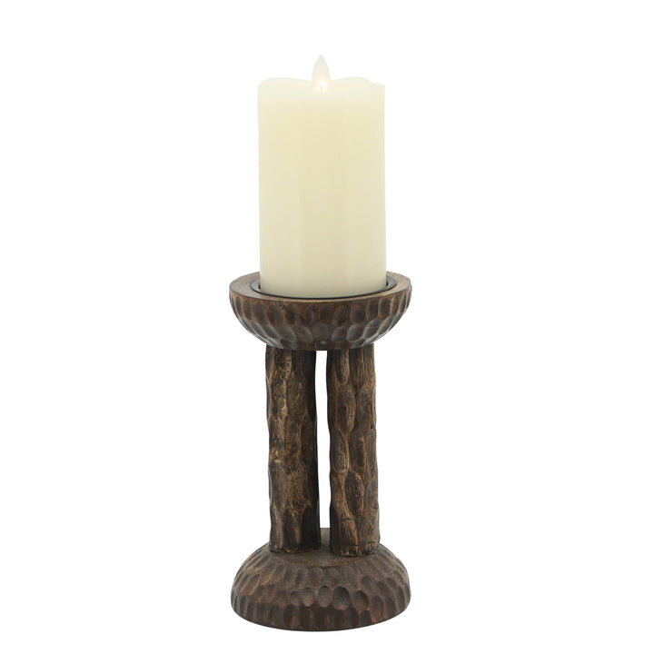 WOOD, 8"H HAMMERED CANDLE HOLDER, BROWN