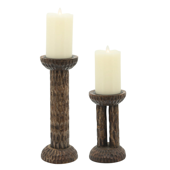 WOOD, 8"H HAMMERED CANDLE HOLDER, BROWN