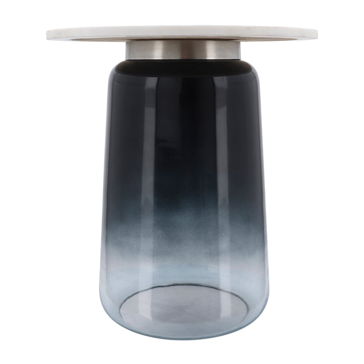 Marble Top, 22"H Side Table Gls Base, Wht/Blck