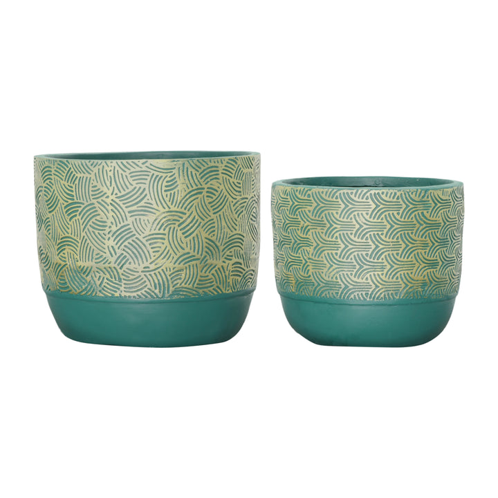 Resin, S/2 10/13"D Swirl Planters, Green/Gold