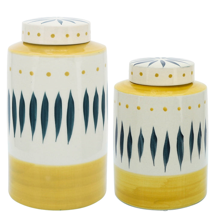 CER, 10"H TRIBAL JAR W/ LID, YELLOW