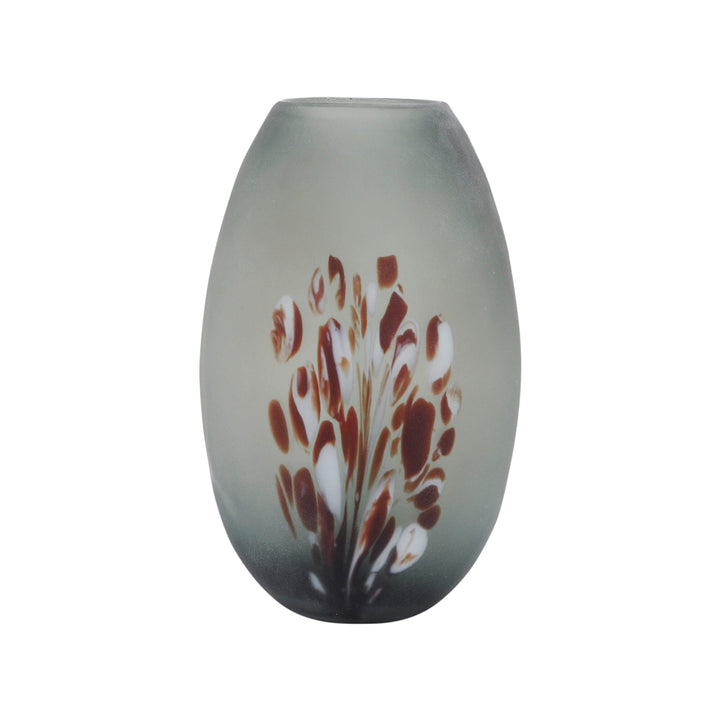 GLASS, 10''H, FROSTED VASE WITH RED DETAIL-GRAY