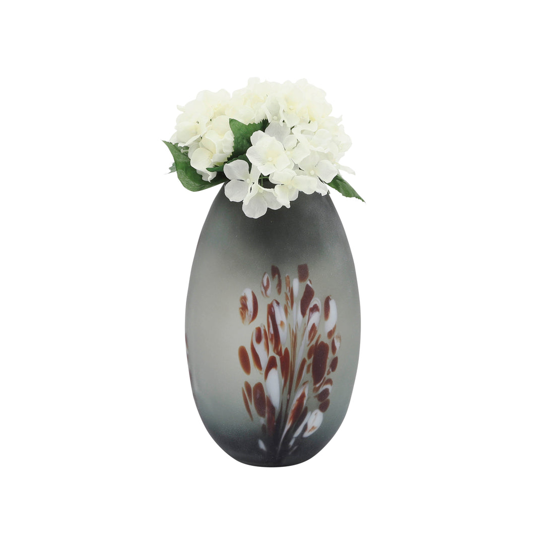 GLASS, 10''H, FROSTED VASE WITH RED DETAIL-GRAY