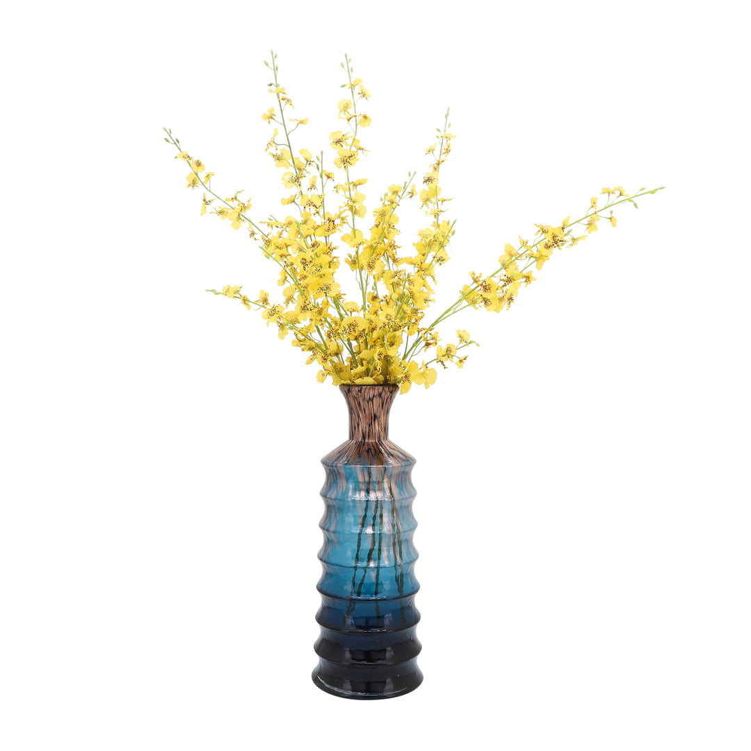 Glass, 19''H, Riged Vase With Gold Detail, Turq