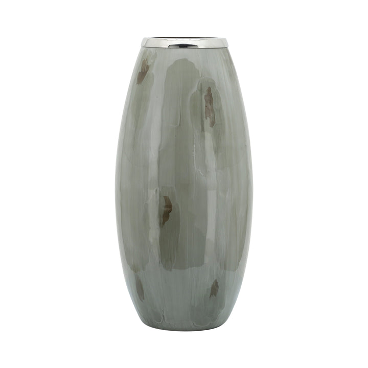 GLASS, 18"H VASE W/ METAL RING, TAUPE