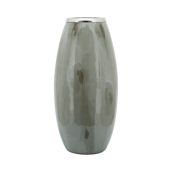 GLASS, 18"H VASE W/ METAL RING, TAUPE