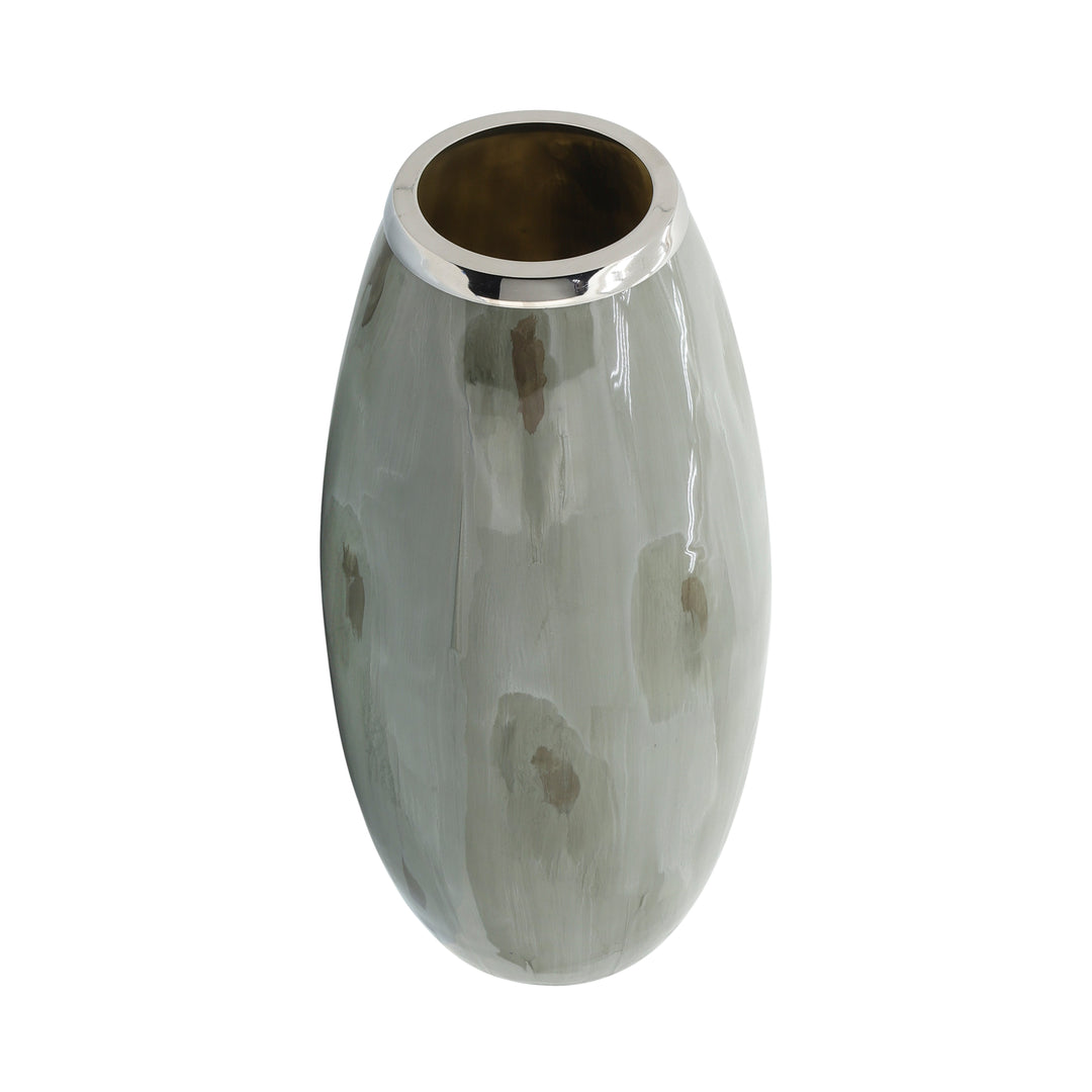 GLASS, 18"H VASE W/ METAL RING, TAUPE