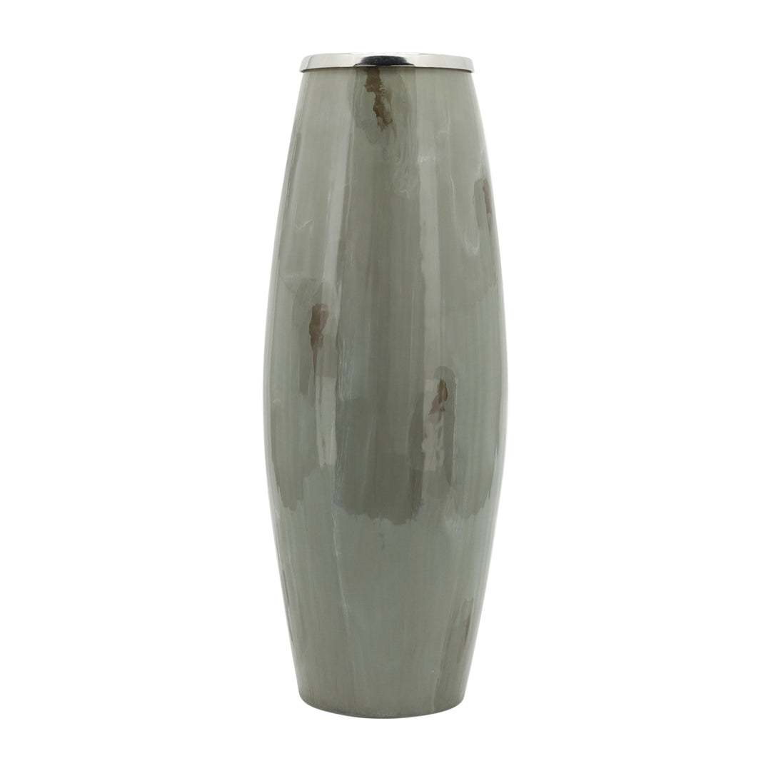 GLASS, 24"H VASE W/ METAL RING, TAUPE