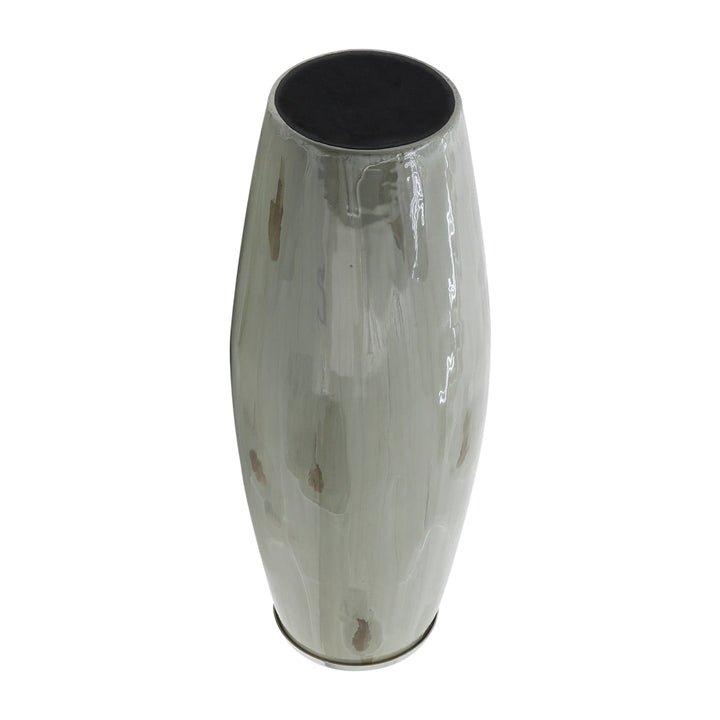 GLASS, 24"H VASE W/ METAL RING, TAUPE