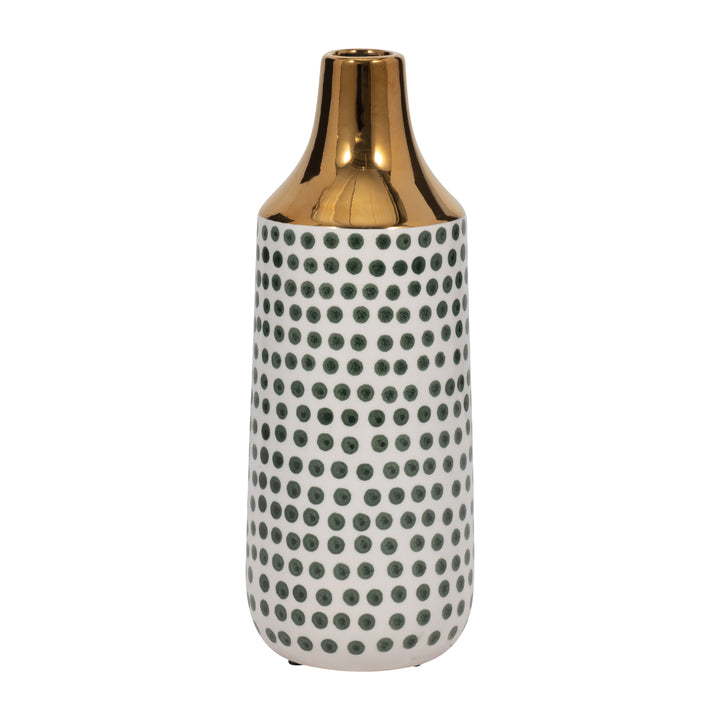 CER, 12"H POLKA DOTS VASE, FOREST GREEN/GOLD/WHT