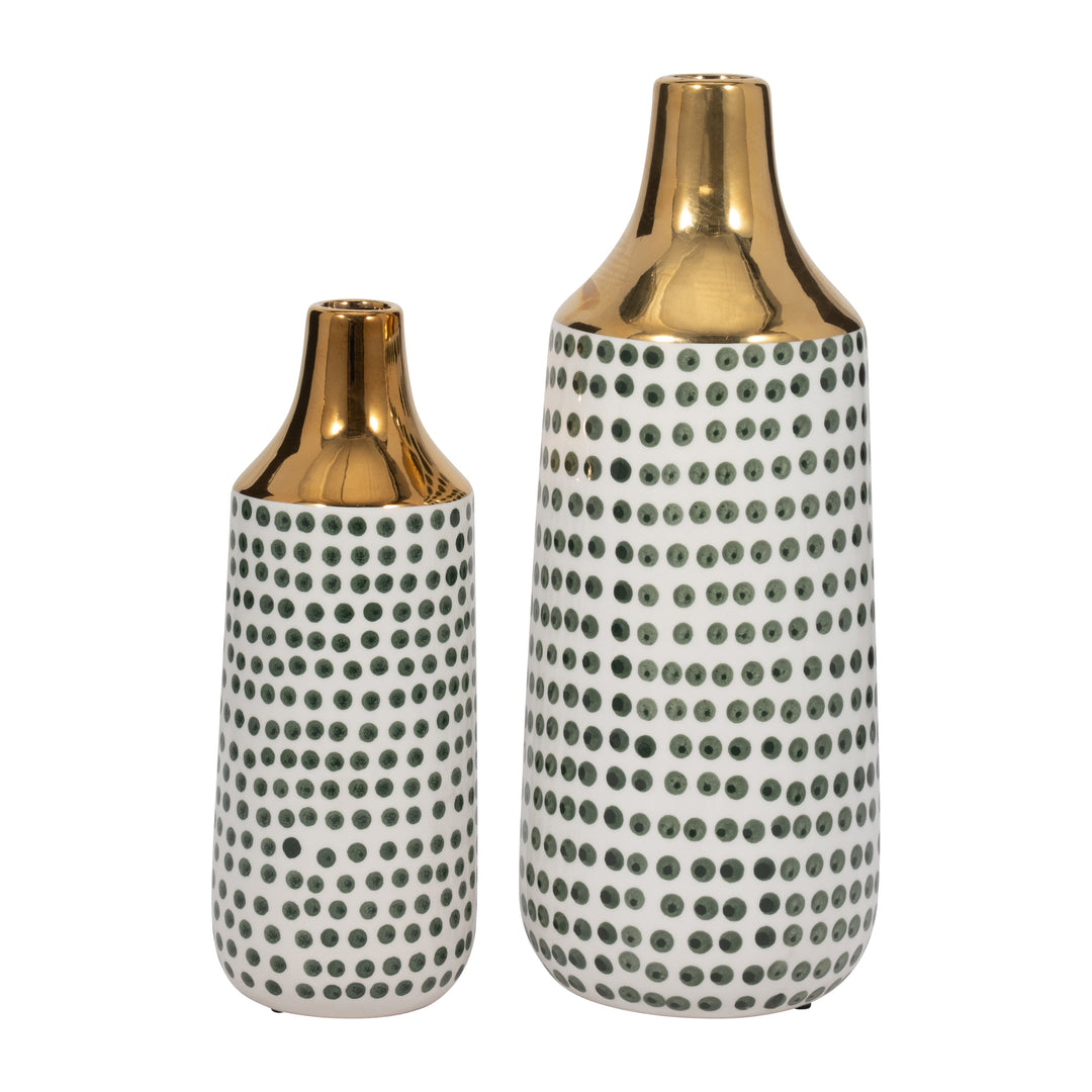 CER, 12"H POLKA DOTS VASE, FOREST GREEN/GOLD/WHT