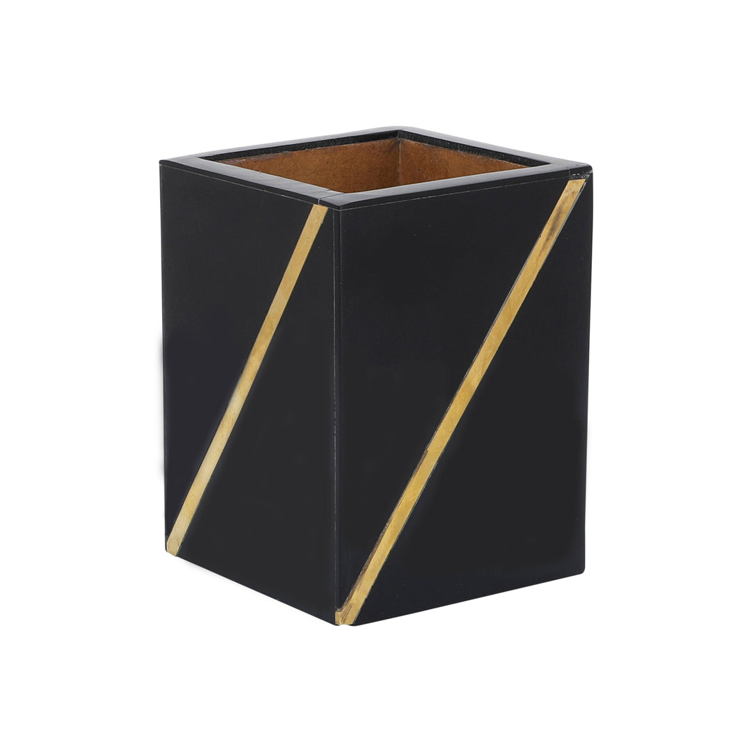 Resin, 3X4 Pencil Cup W/ Gold Trim, Black