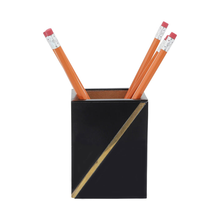 Resin, 3X4 Pencil Cup W/ Gold Trim, Black