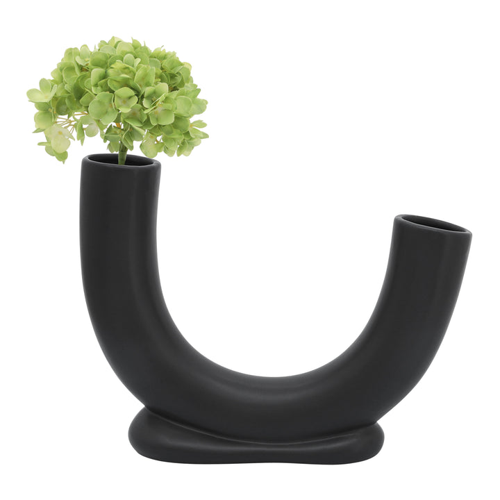 CER, 8"H U-SHAPED VASE W/ BASE, BLACK