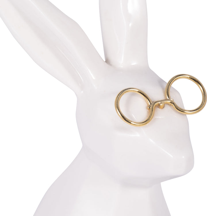 Cer, 9"H Bunny W/ Glasses, White/Gold