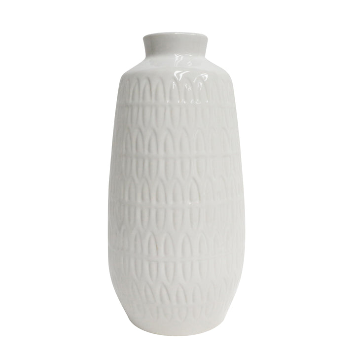 CER, 15"H CARVED VASE, WHITE