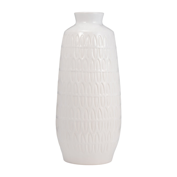 CER, 15"H CARVED VASE, WHITE