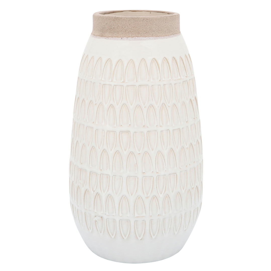 CER, 12"H CARVED VASE, BEIGE