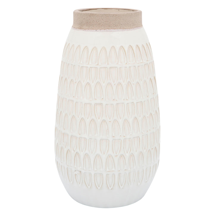 CER, 12"H CARVED VASE, BEIGE