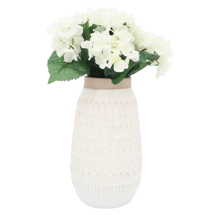 CER, 12"H CARVED VASE, BEIGE