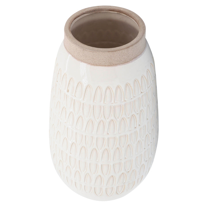 CER, 12"H CARVED VASE, BEIGE