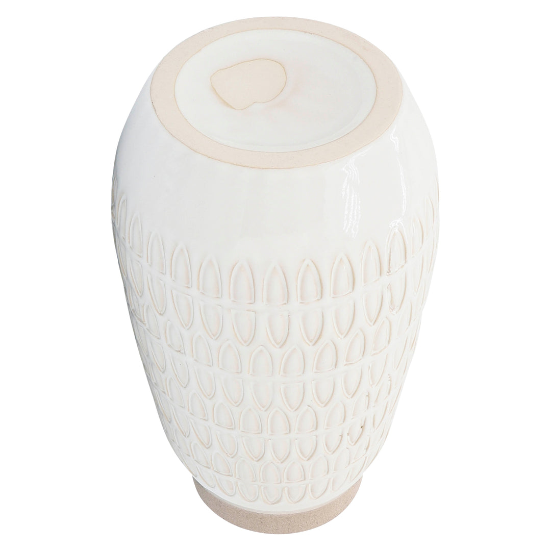 CER, 12"H CARVED VASE, BEIGE