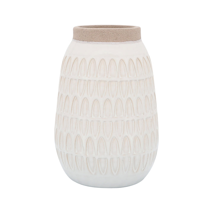 CER, 8"H CARVED VASE, BEIGE