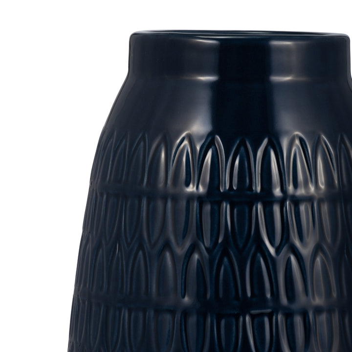 CER, 12"H CARVED VASE, NAVY BLUE