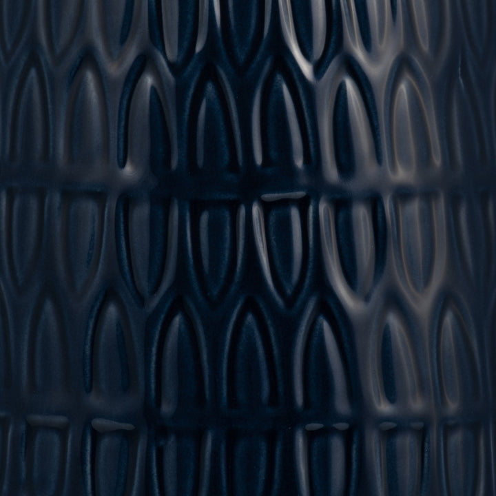 CER, 12"H CARVED VASE, NAVY BLUE