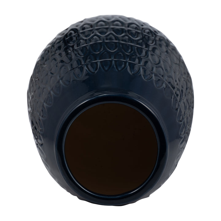 CER, 12"H CARVED VASE, NAVY BLUE