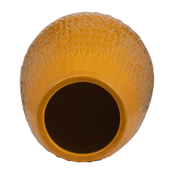 CER, 12"H CARVED VASE, MUSTARD GOLD