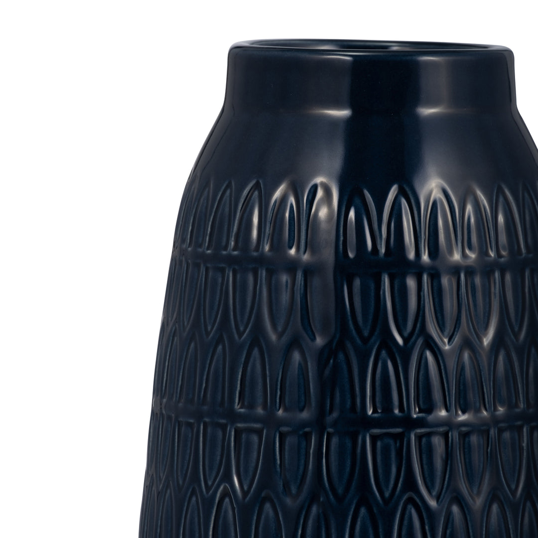 CER, 10"H CARVED VASE, NAVY BLUE