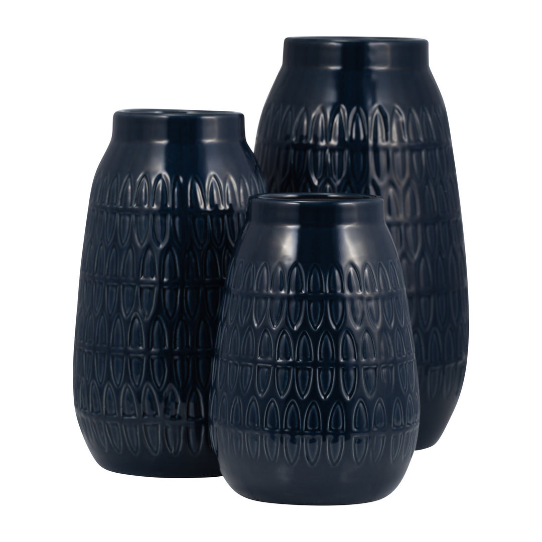 CER, 10"H CARVED VASE, NAVY BLUE