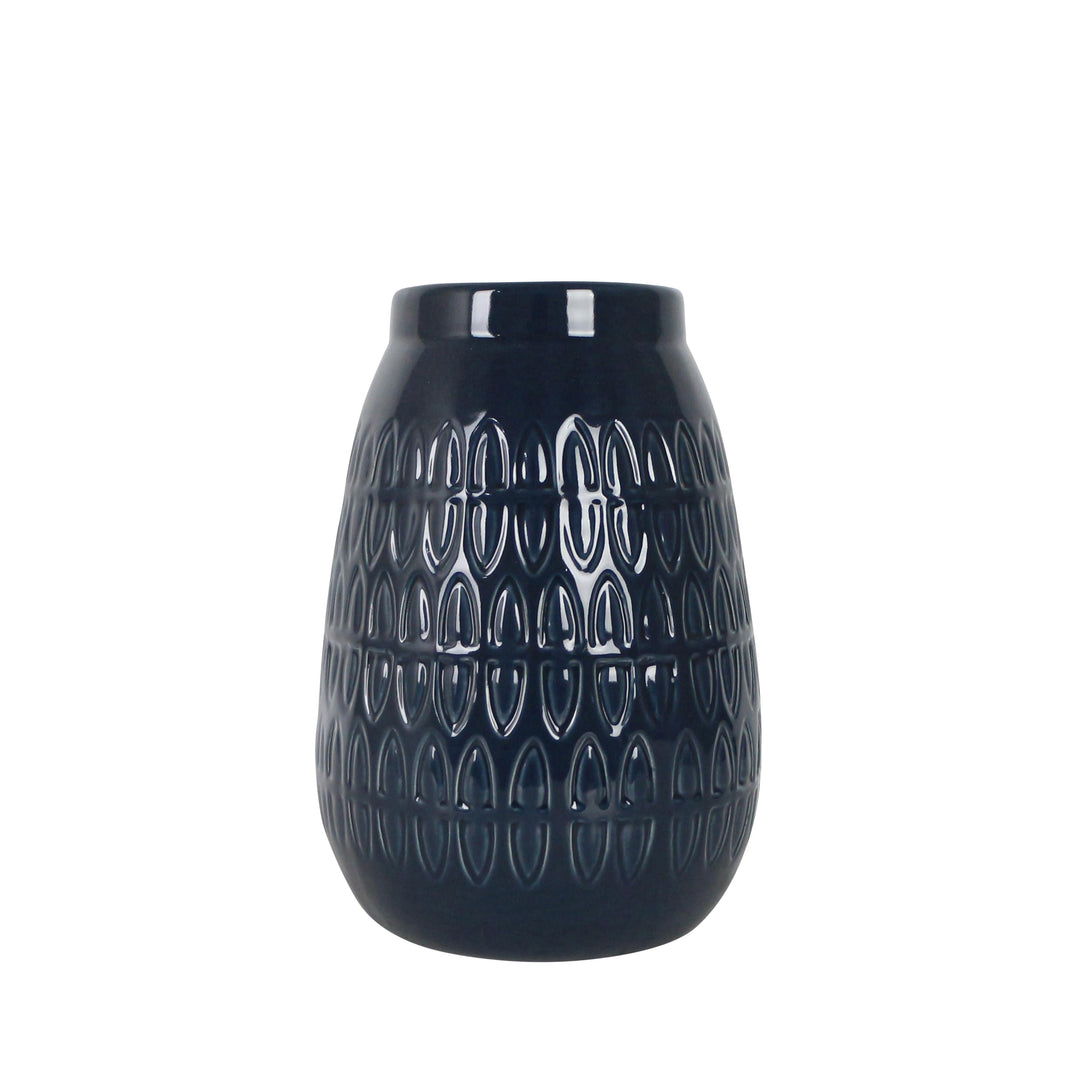 CER, 8"H CARVED VASE, NAVY BLUE