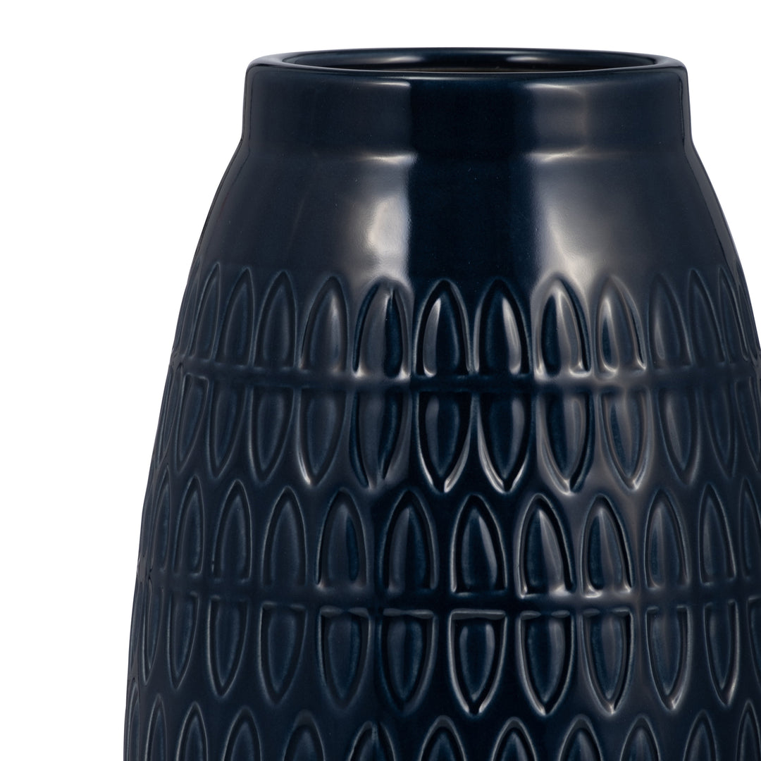 CER, 8"H CARVED VASE, NAVY BLUE