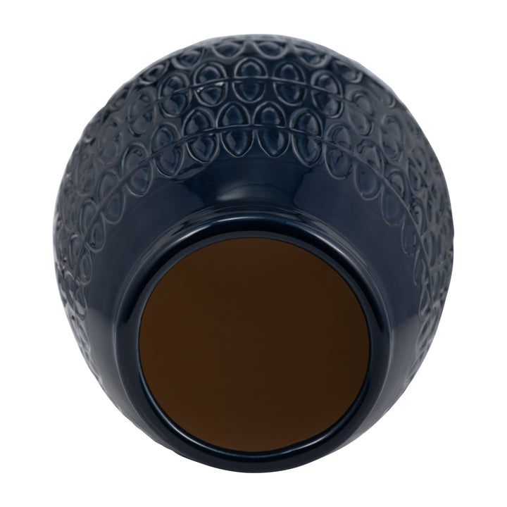 CER, 8"H CARVED VASE, NAVY BLUE