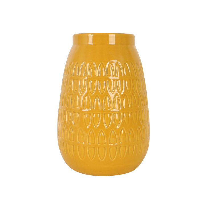 CER, 8"H CARVED VASE, MUSTARD GOLD