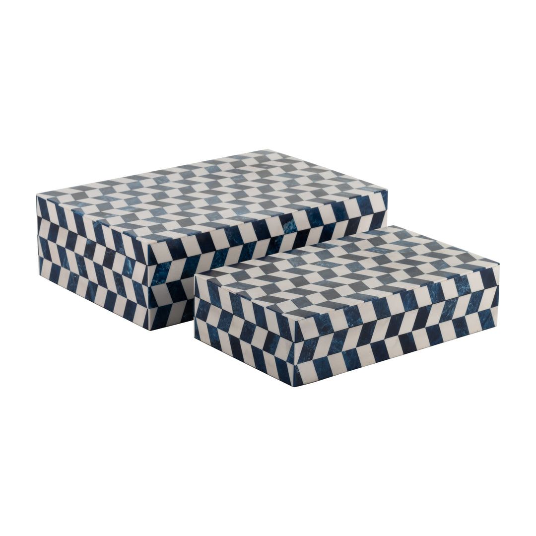 Resin, S/2 10/12" Harlequin Boxes, Blue/White