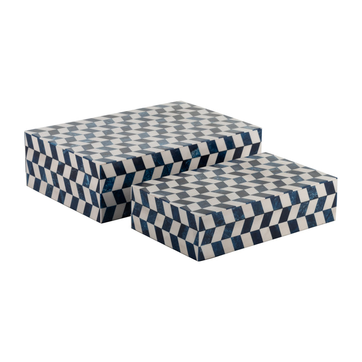Resin, S/2 10/12" Harlequin Boxes, Blue/White