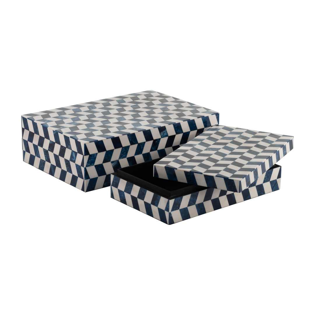 Resin, S/2 10/12" Harlequin Boxes, Blue/White